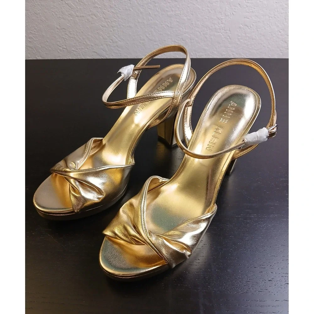 Anne Klein AKVALENTINE-W Gold Metallic Knotted Platform Block Heel Sandals 10W